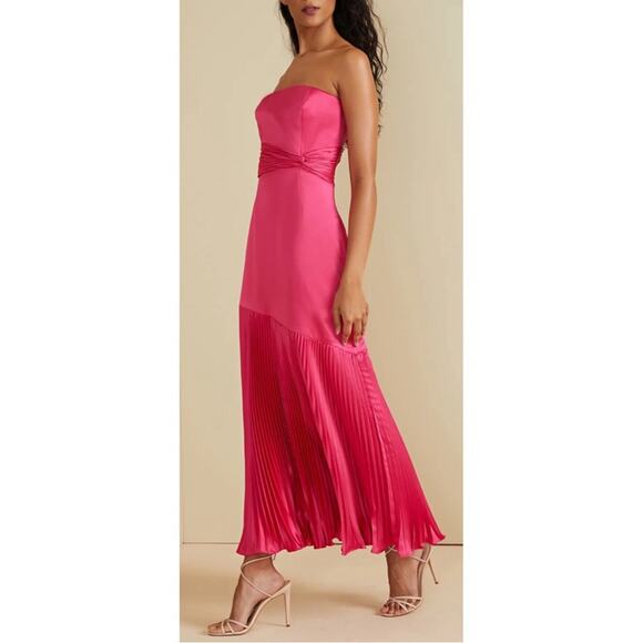 Amur Milly Pleated Strapless Ruched Pink Cabaret Midi Dress Size 4 - Picture 3 of 10